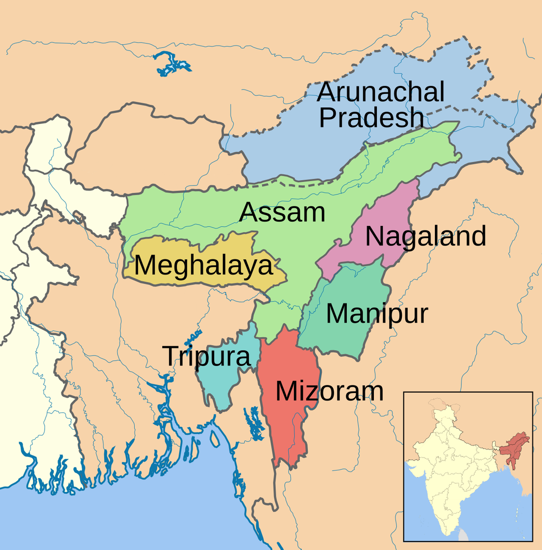 Map of the northeastern states of India: Arunachal Pradesh, Assam, Nagaland, Manipur, Mizoram, Tripura and Meghalaya